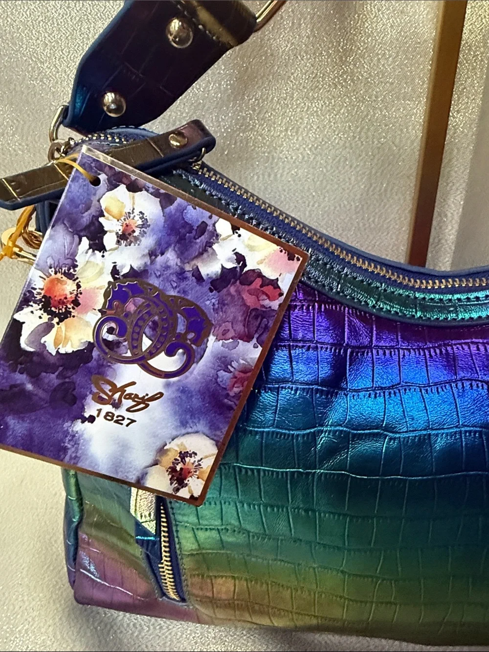 Sharif Iridescent Croc-Embossed Shoulder Bag in Multicolor